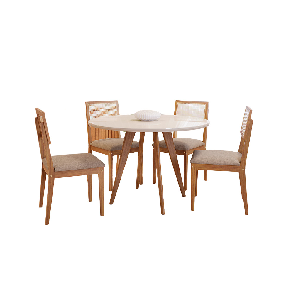 Conjunto de Mesa Redonda com Tampo de Vidro Off White Acerola e 4 Cadeiras Palmas Linho Grafite e Cinamomo