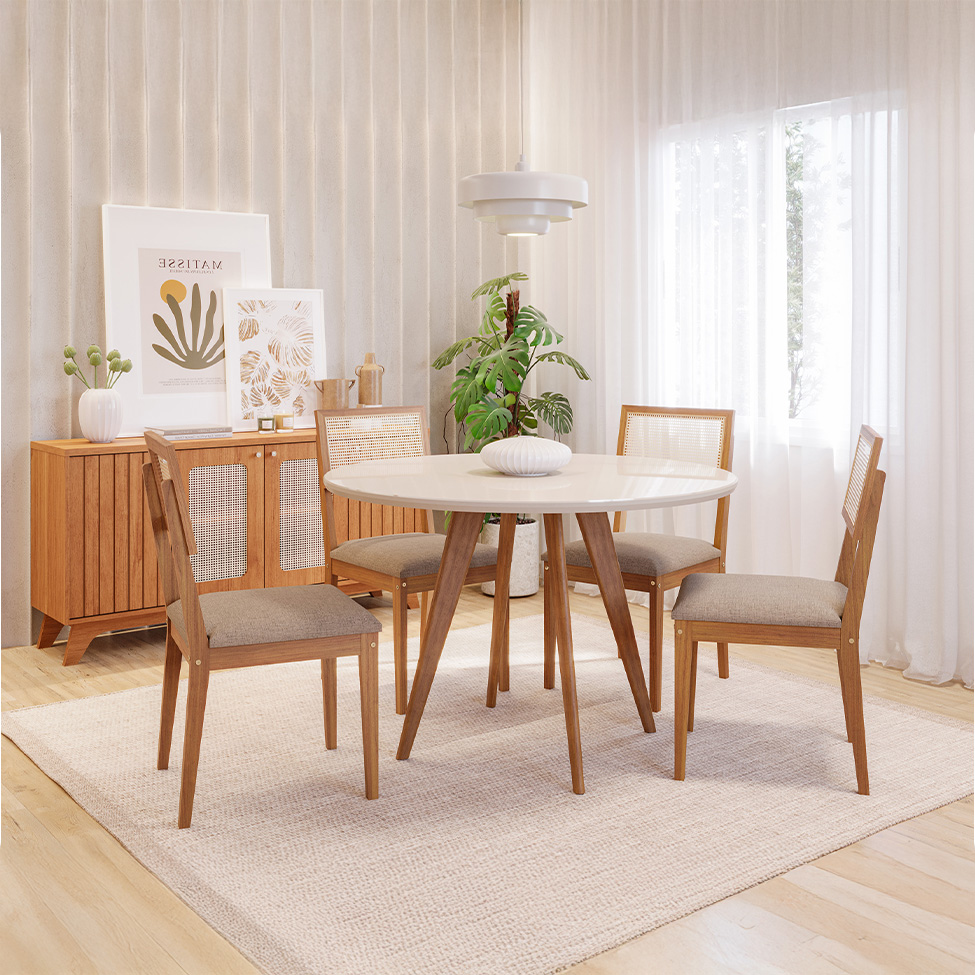 Conjunto de Mesa Redonda com Tampo de Vidro Off White Acerola e 4 Cadeiras Palmas Linho Grafite e Cinamomo