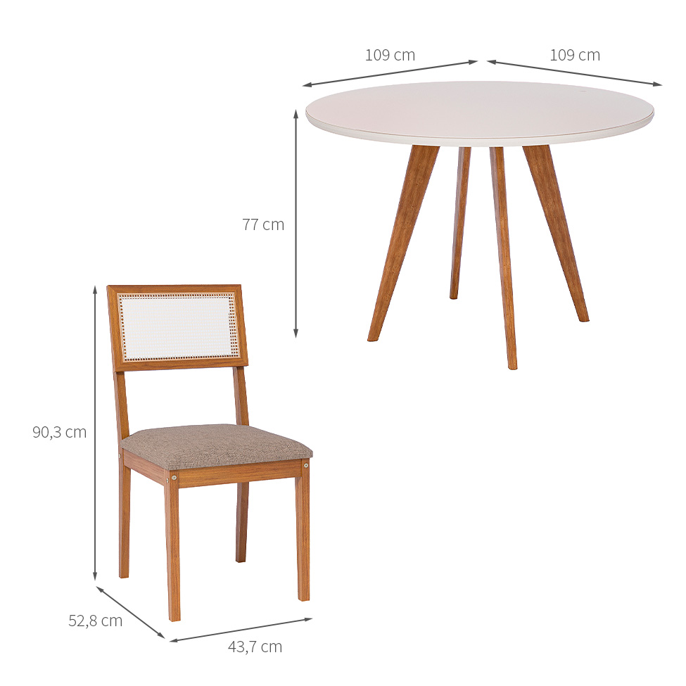 Conjunto de Mesa Redonda com Tampo de Vidro Off White Acerola e 4 Cadeiras Palmas Linho Grafite e Cinamomo