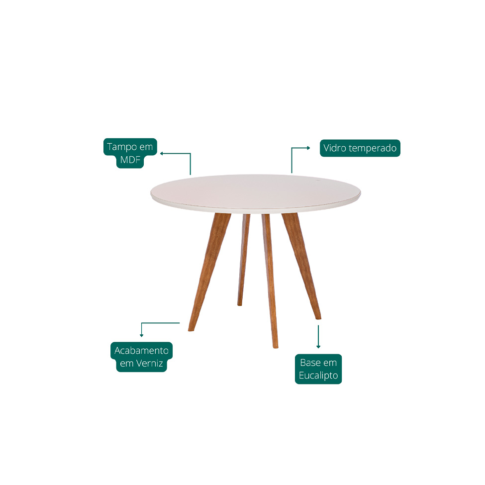 Conjunto de Mesa Redonda com Tampo de Vidro Off White Acerola e 4 Cadeiras Palmas Linho Grafite e Cinamomo