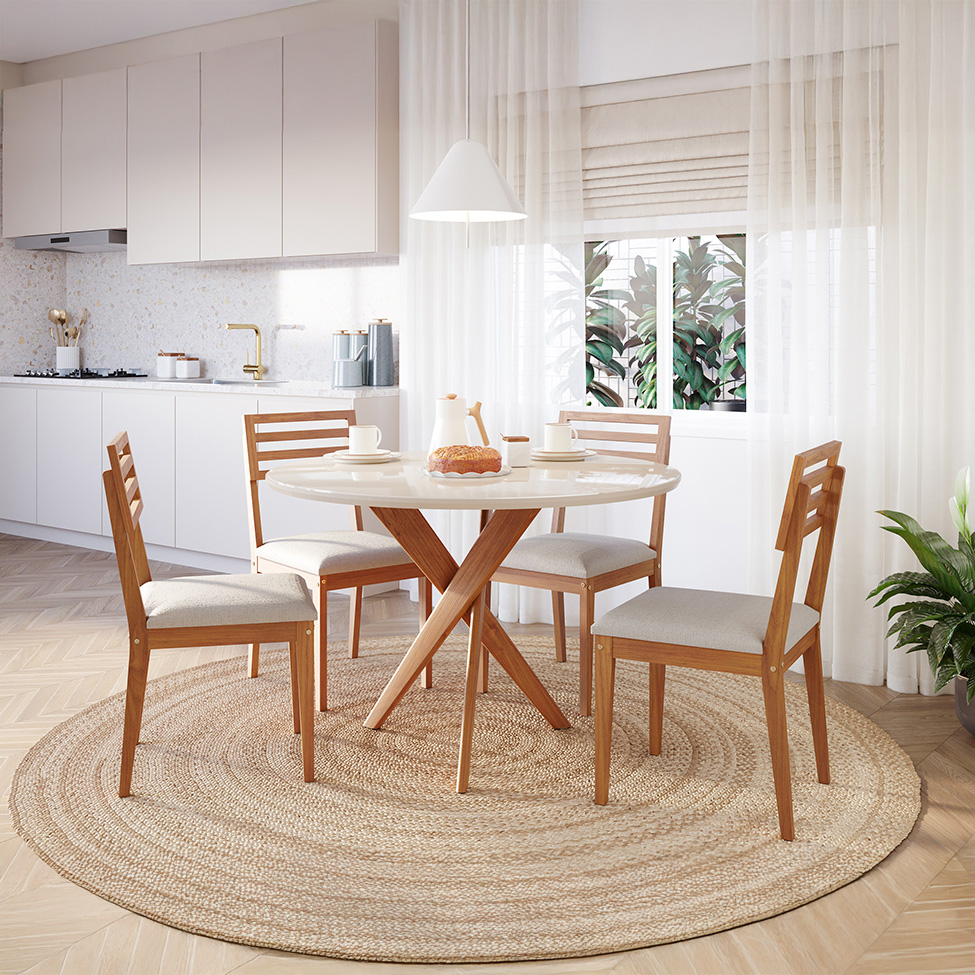 Conjunto de Mesa Redonda com Tampo de Vidro Off White Cacau e 4 Cadeiras Juparanã Linho Bege e Cinamomo