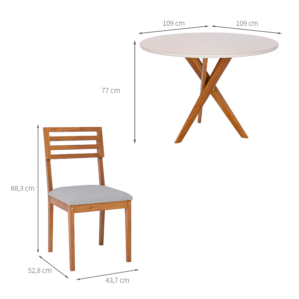 Conjunto de Mesa Redonda com Tampo de Vidro Off White Cacau e 4 Cadeiras Juparanã Linho Bege e Cinamomo