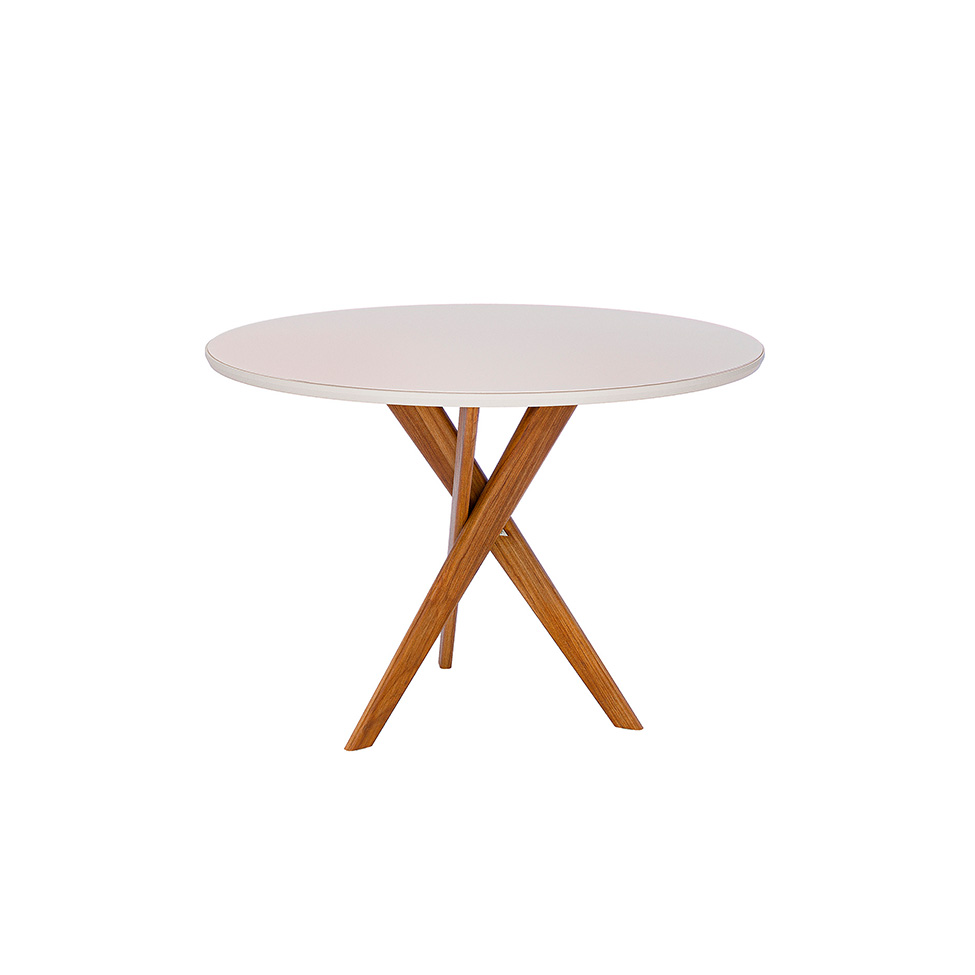 Conjunto de Mesa Redonda com Tampo de Vidro Off White Cacau e 4 Cadeiras Juparanã Linho Bege e Cinamomo