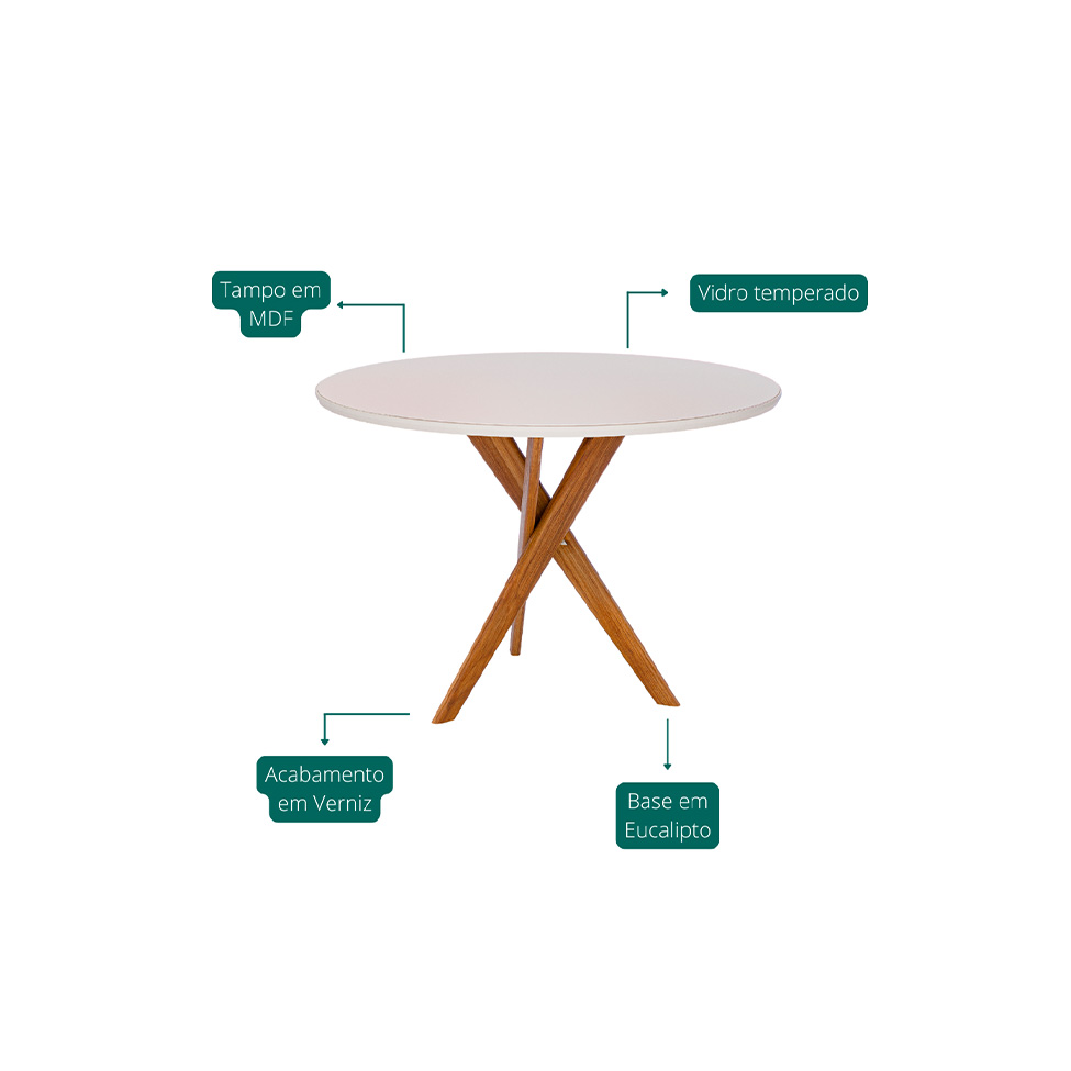 Conjunto de Mesa Redonda com Tampo de Vidro Off White Cacau e 4 Cadeiras Juparanã Linho Bege e Cinamomo