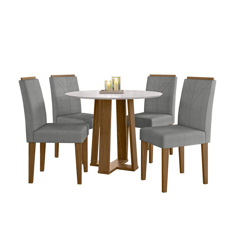 Conjunto de Mesa Redonda com Tampo de Vidro Off White Isabela e 4 Cadeiras Amanda Linho Cinza Claro e Ypê