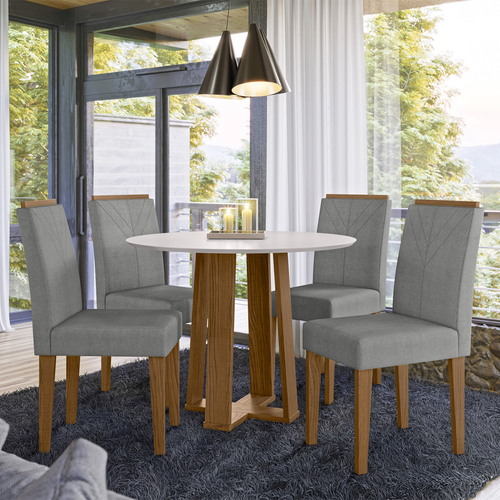Conjunto de Mesa Redonda com Tampo de Vidro Off White Isabela e 4 Cadeiras Amanda Linho Cinza Claro e Ypê