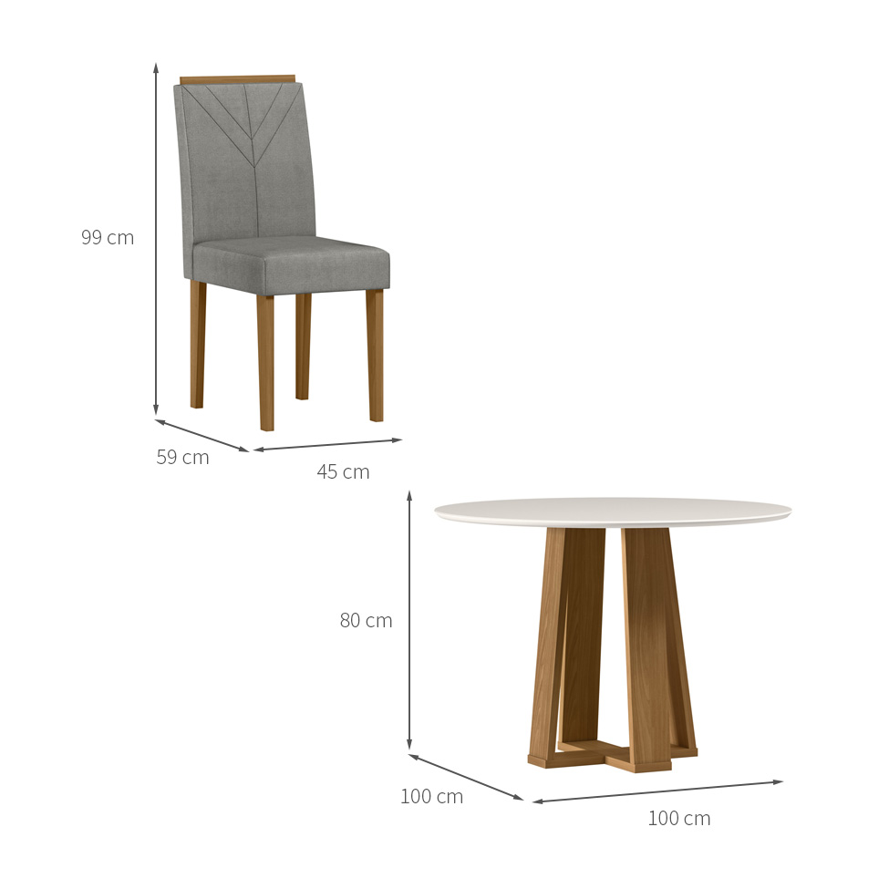 Conjunto de Mesa Redonda com Tampo de Vidro Off White Isabela e 4 Cadeiras Amanda Linho Cinza Claro e Ypê