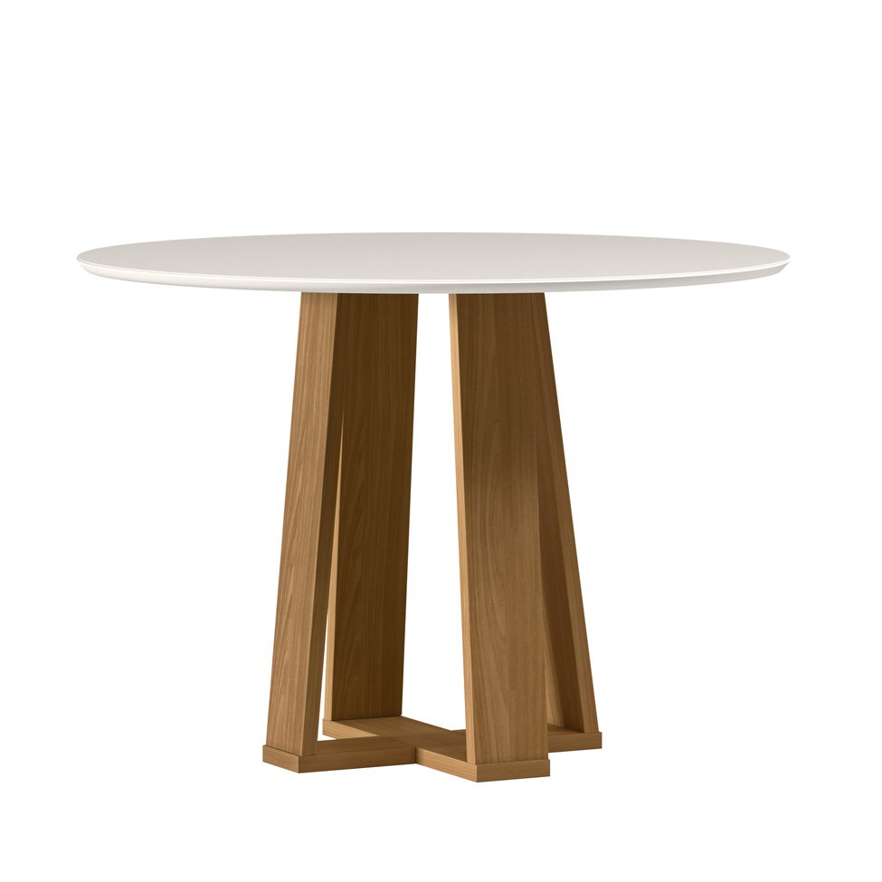 Conjunto de Mesa Redonda com Tampo de Vidro Off White Isabela e 4 Cadeiras Amanda Linho Cinza Claro e Ypê