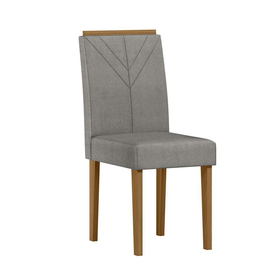Conjunto de Mesa Redonda com Tampo de Vidro Off White Isabela e 4 Cadeiras Amanda Linho Cinza Claro e Ypê