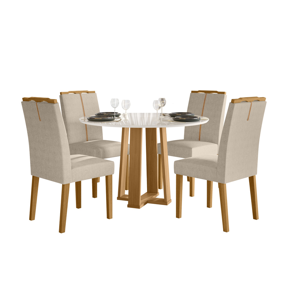 Conjunto de Mesa Redonda com Tampo de Vidro Off White Isabela e 4 Cadeiras Serena Bouclé Bege e Ypê