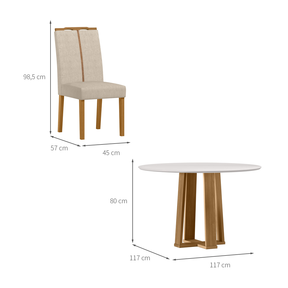 Conjunto de Mesa Redonda com Tampo de Vidro Off White Isabela e 4 Cadeiras Serena Bouclé Bege e Ypê