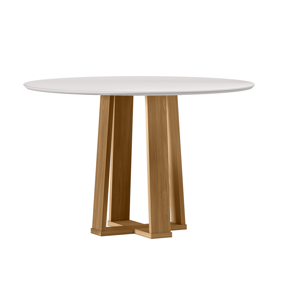 Conjunto de Mesa Redonda com Tampo de Vidro Off White Isabela e 4 Cadeiras Serena Bouclé Bege e Ypê
