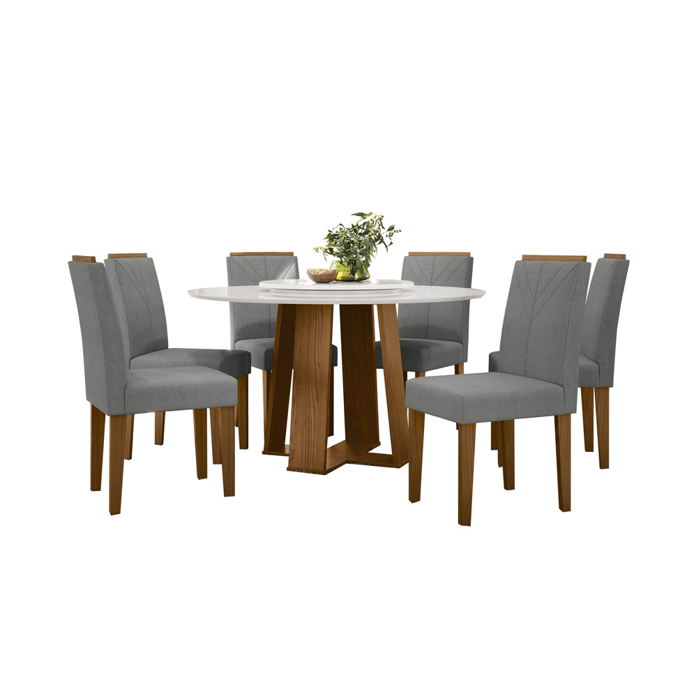 Conjunto de Mesa Redonda com Tampo de Vidro Off White Isabela e 6 Cadeiras Amanda Linho Cinza Claro e Ypê