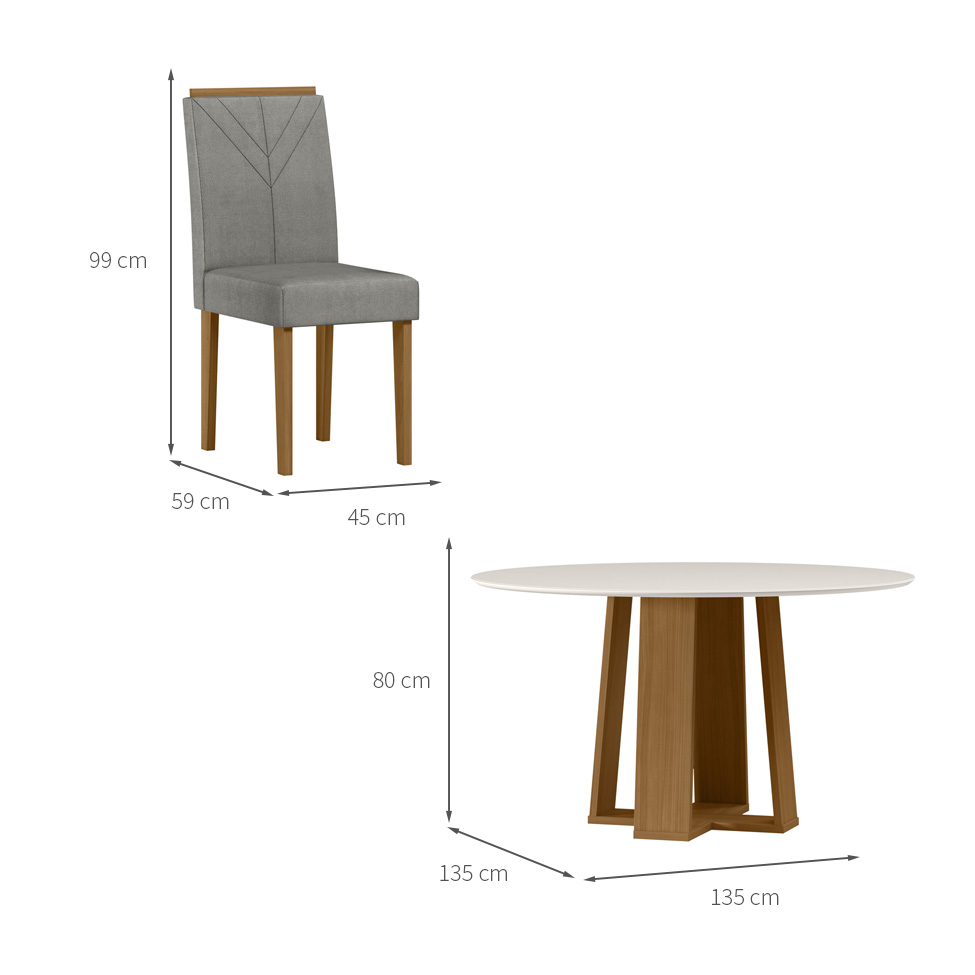 Conjunto de Mesa Redonda com Tampo de Vidro Off White Isabela e 6 Cadeiras Amanda Linho Cinza Claro e Ypê