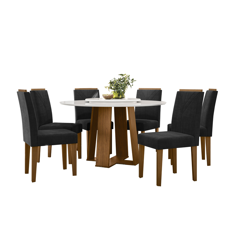Conjunto de Mesa Redonda com Tampo de Vidro Off White Isabela e 6 Cadeiras Amanda Veludo Preto e Ypê