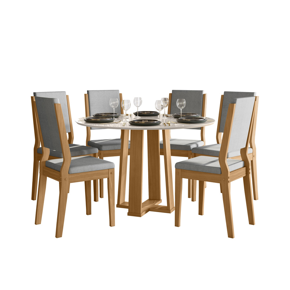 Conjunto de Mesa Redonda com Tampo de Vidro Off White Isabela e 6 Cadeiras Carol Linho Cinza Claro e Ypê