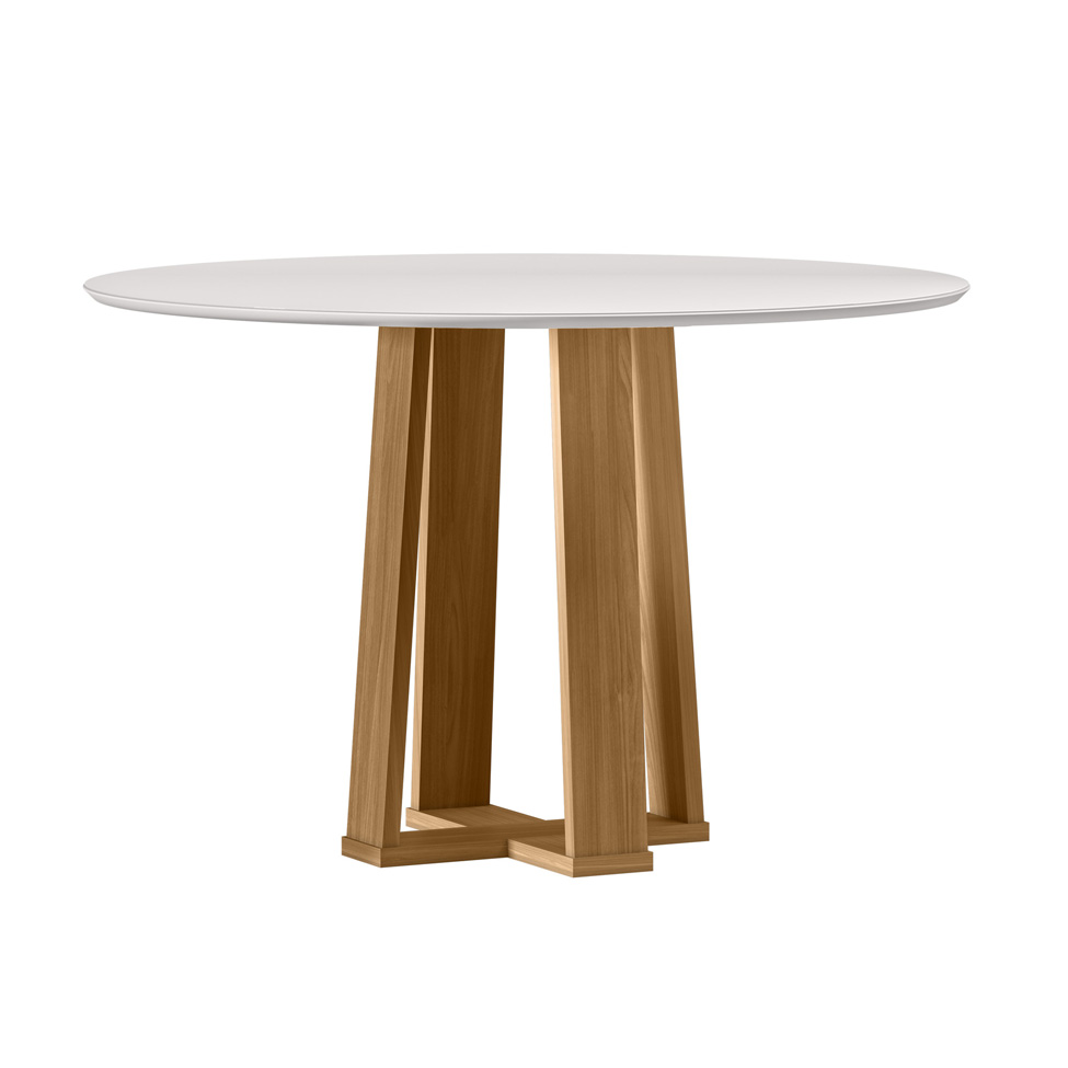 Conjunto de Mesa Redonda com Tampo de Vidro Off White Isabela e 6 Cadeiras Carol Linho Cinza Claro e Ypê