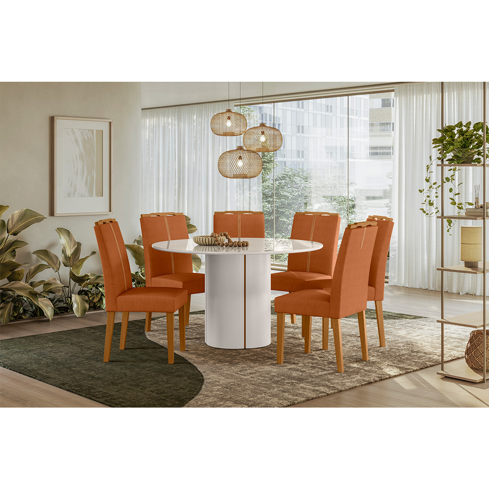 Conjunto de Mesa Redonda com Tampo de Vidro Off White e 6 Cadeiras Serena Poliéster Terracota e Amadeirado