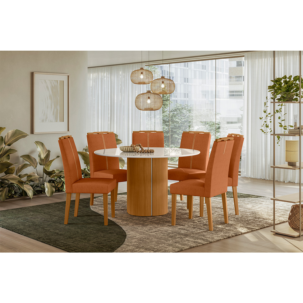 Conjunto de Mesa Redonda com Tampo de Vidro Off White e 6 Cadeiras Serena Poliéster Terracota e Ypê