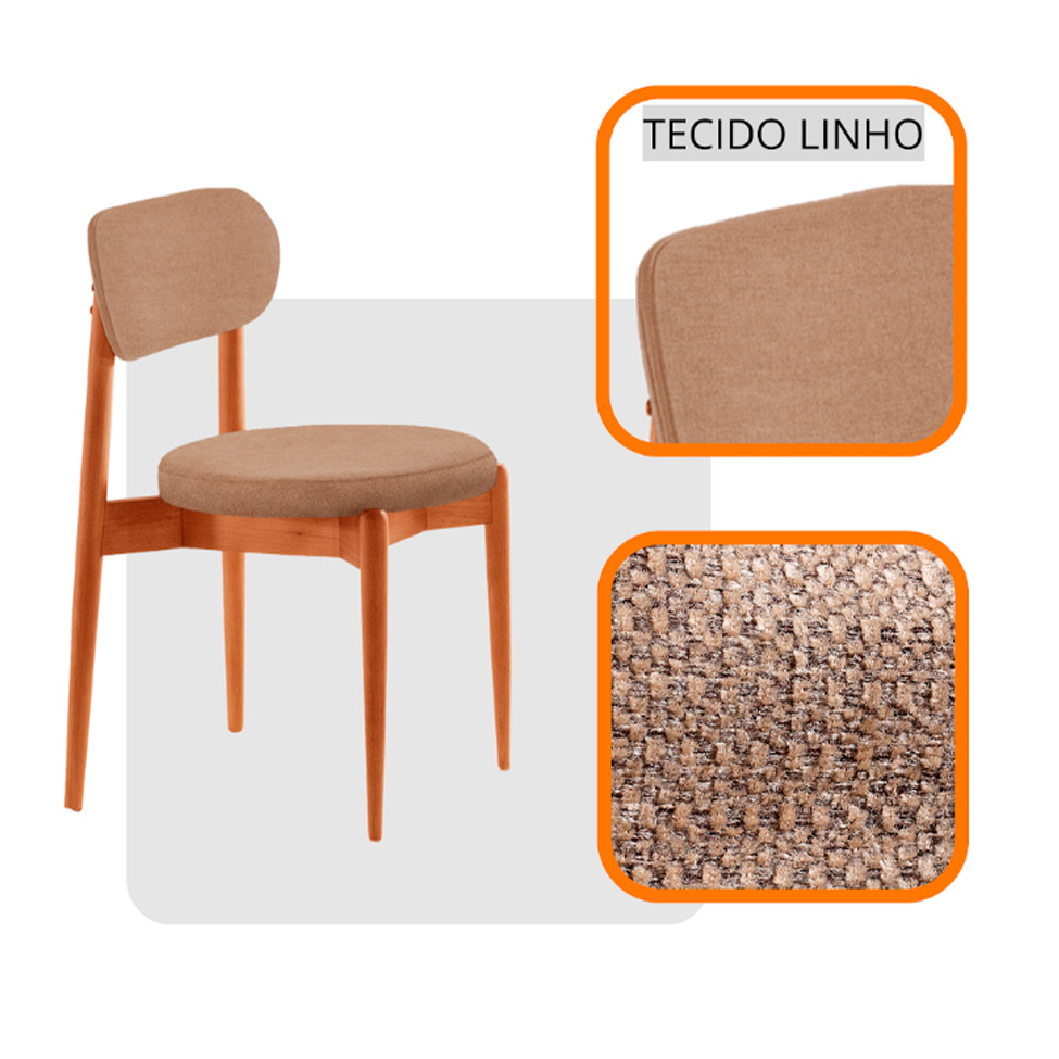 Conjunto de Mesa Redonda com Tampo em Madeira Miami e 4 Cadeiras Miami Soft Linho Atacama e Cinamomo