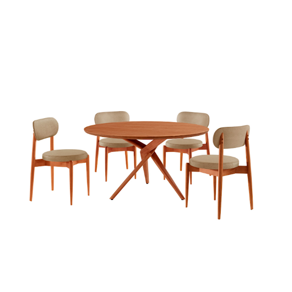 Conjunto de Mesa Redonda com Tampo em Madeira Miami e 4 Cadeiras Miami Soft Linho Âmbar e Cinamomo