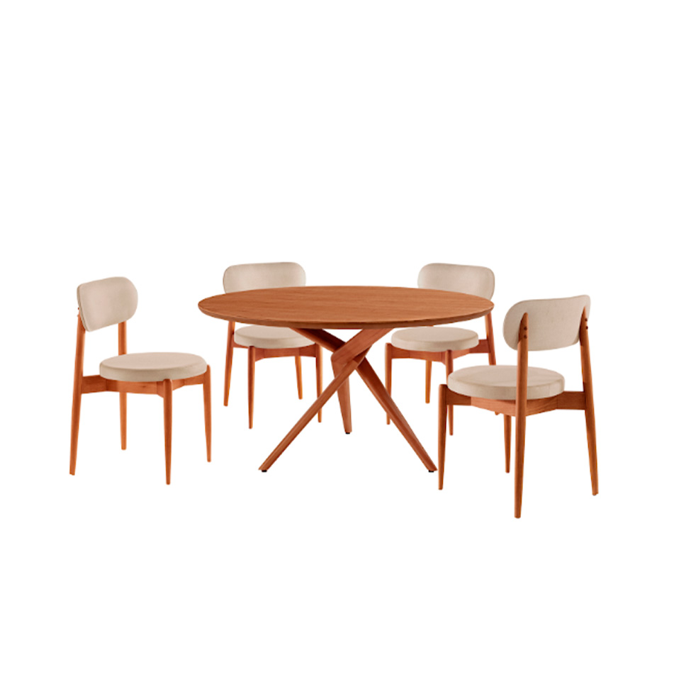 Conjunto de Mesa Redonda com Tampo em Madeira Miami e 4 Cadeiras Miami Soft Linho Off White e Cinamomo