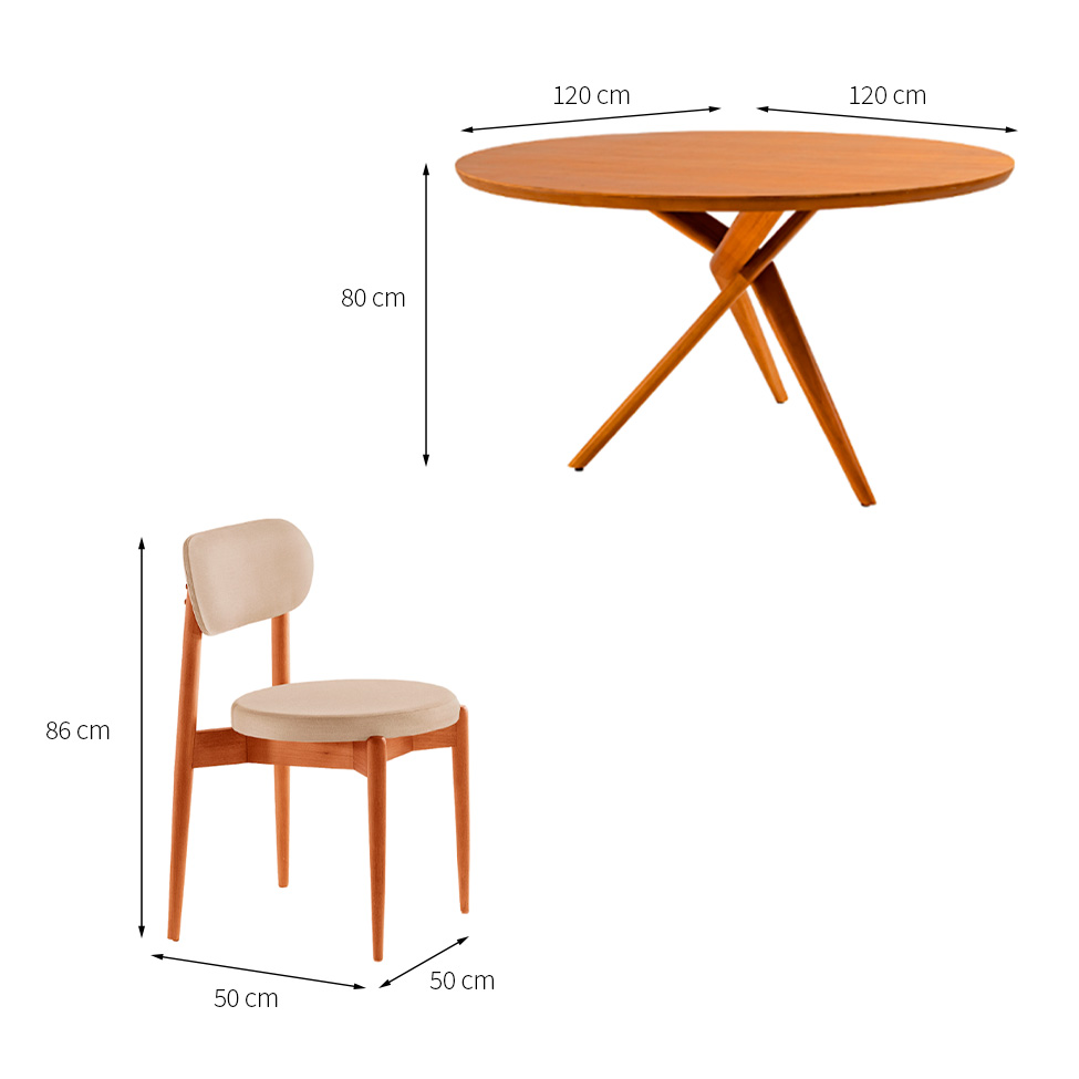 Conjunto de Mesa Redonda com Tampo em Madeira Miami e 4 Cadeiras Miami Soft Linho Off White e Cinamomo