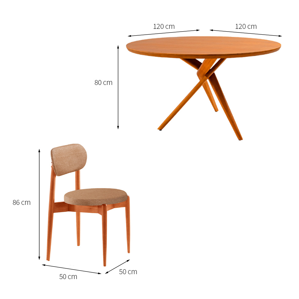 Conjunto de Mesa Redonda com Tampo em Madeira Miami e 4 Cadeiras Miami Soft Linho Palha e Cinamomo