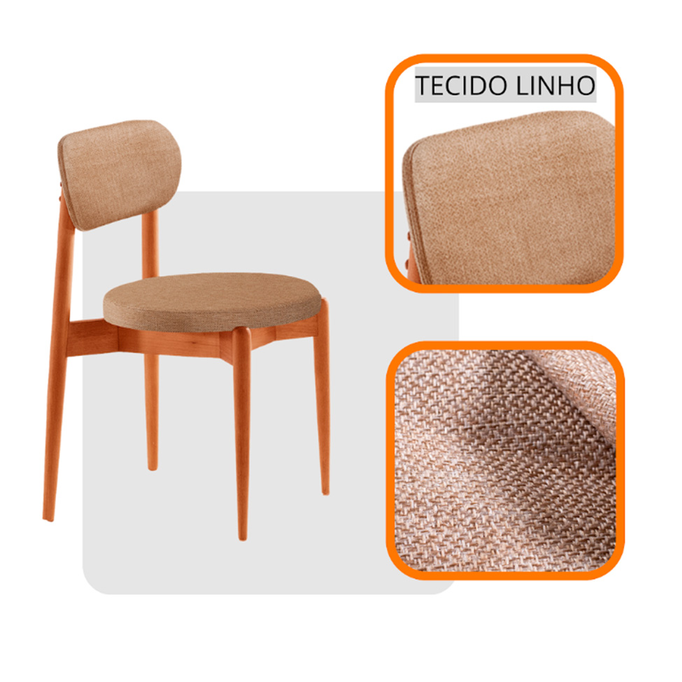 Conjunto de Mesa Redonda com Tampo em Madeira Miami e 4 Cadeiras Miami Soft Linho Palha e Cinamomo