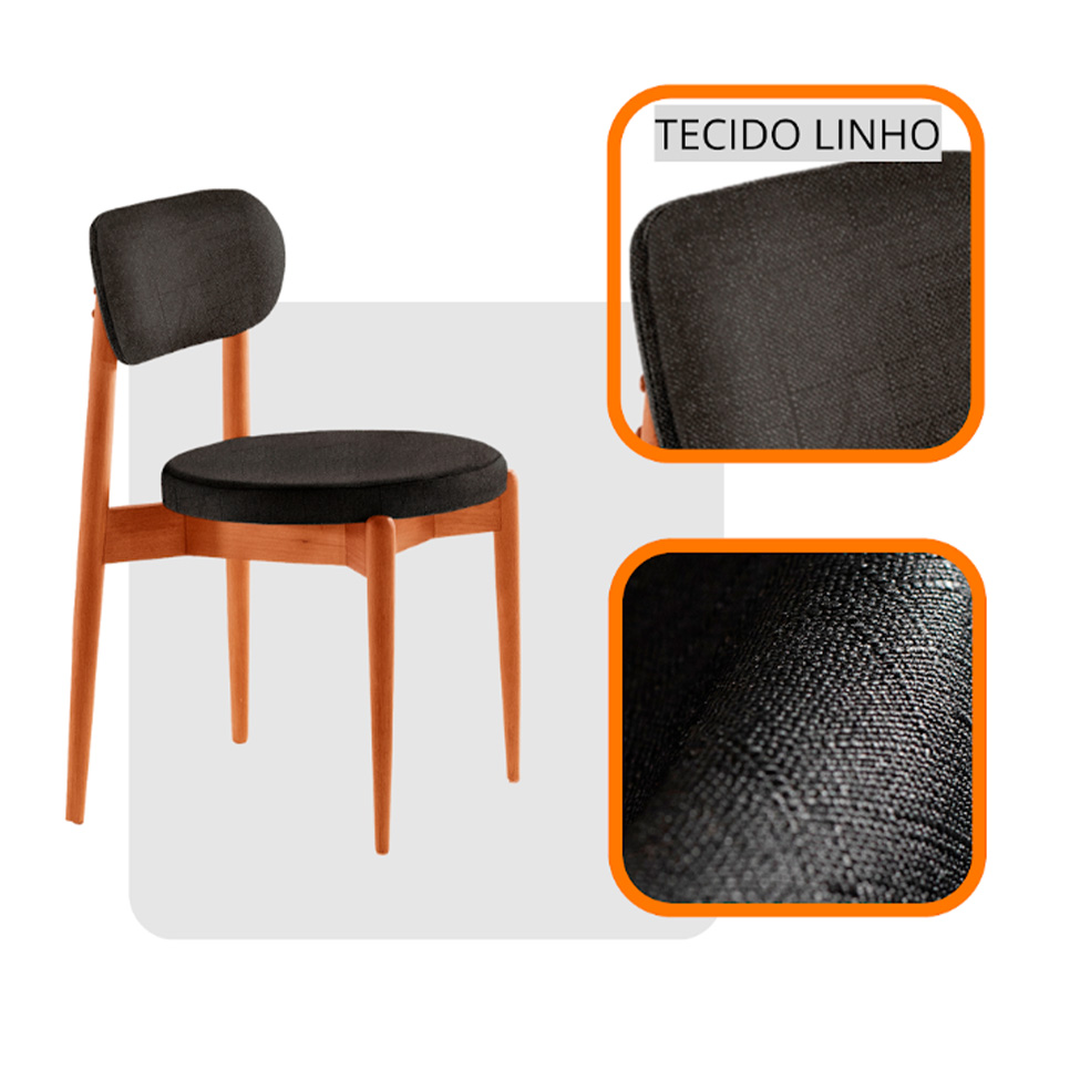 Conjunto de Mesa Redonda com Tampo em Madeira Miami e 4 Cadeiras Miami Soft Linho Preto e Cinamomo