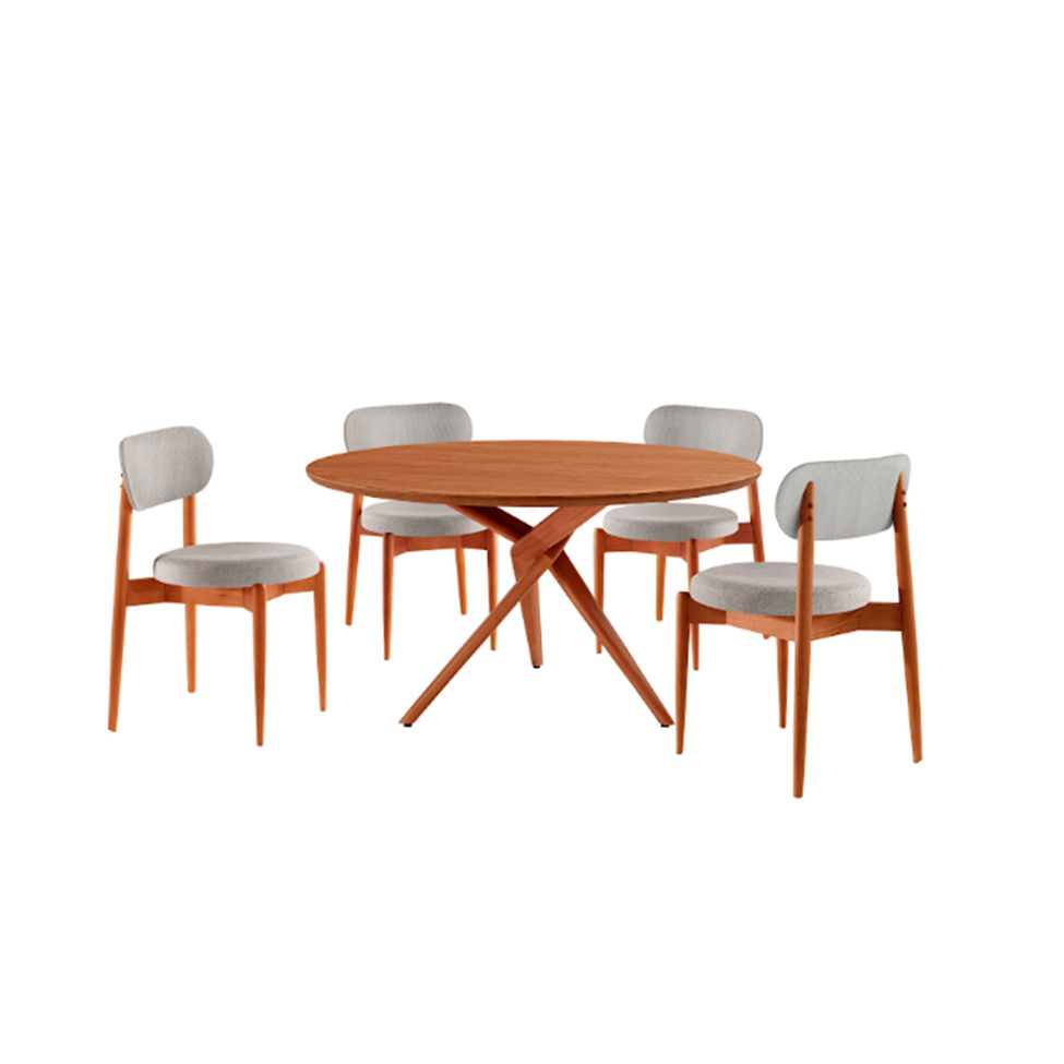 Conjunto de Mesa Redonda com Tampo em Madeira Miami e 4 Cadeiras Miami Soft Linho Quartzo e Cinamomo