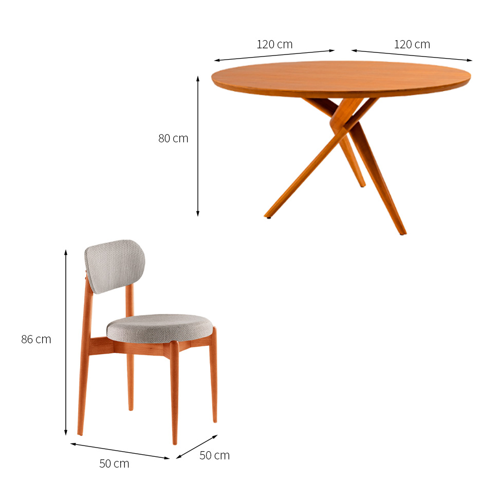 Conjunto de Mesa Redonda com Tampo em Madeira Miami e 4 Cadeiras Miami Soft Linho Quartzo e Cinamomo