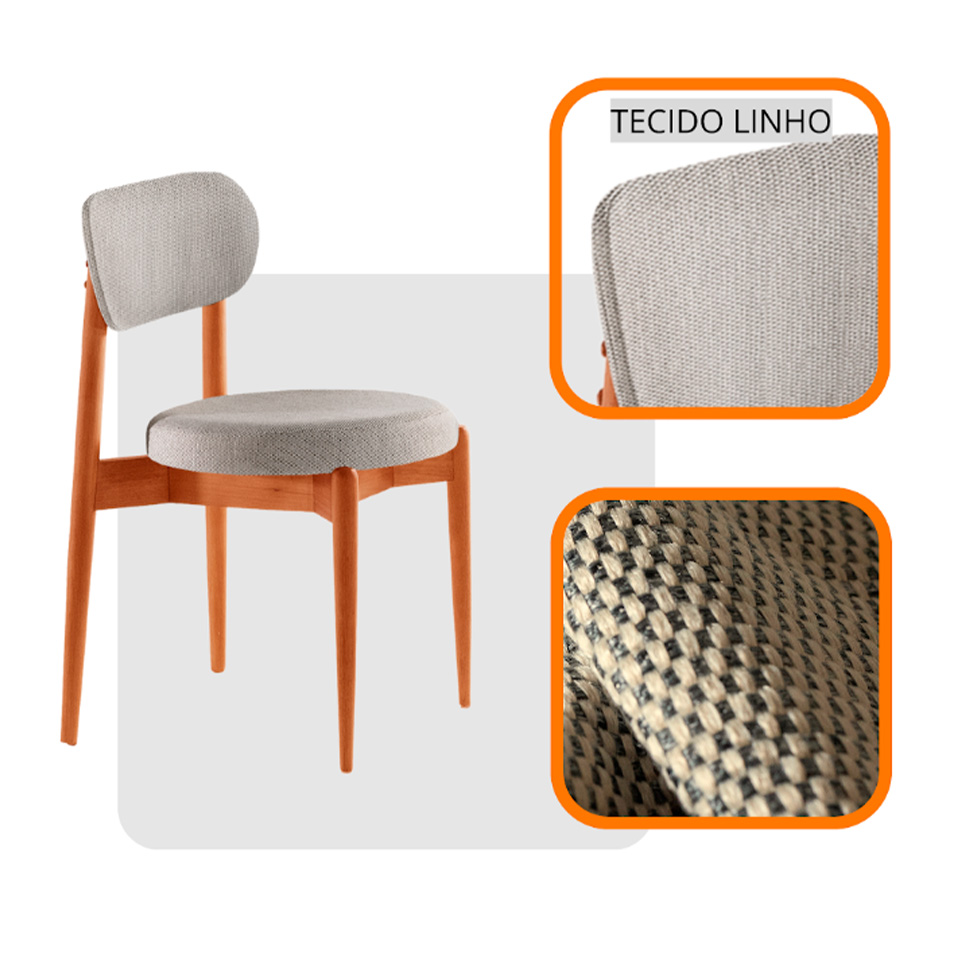 Conjunto de Mesa Redonda com Tampo em Madeira Miami e 4 Cadeiras Miami Soft Linho Quartzo e Cinamomo