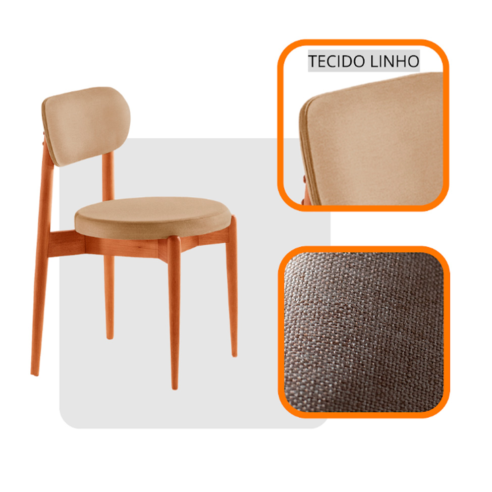 Conjunto de Mesa Redonda com Tampo em Madeira Miami e 4 Cadeiras Miami Soft Linho Turim e Cinamomo
