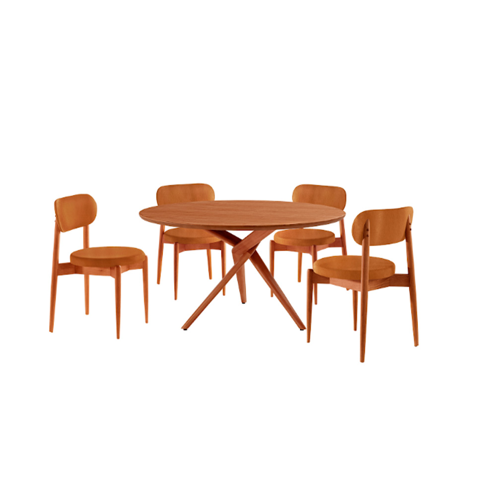 Conjunto de Mesa Redonda com Tampo em Madeira Miami e 4 Cadeiras Miami Soft Tecido Sintético Caramelo e Cinamomo