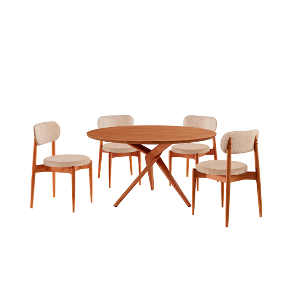 Conjunto de Mesa Redonda com Tampo em Madeira Miami e 4 Cadeiras Miami Soft Tecido Sintético Milano e Cinamomo