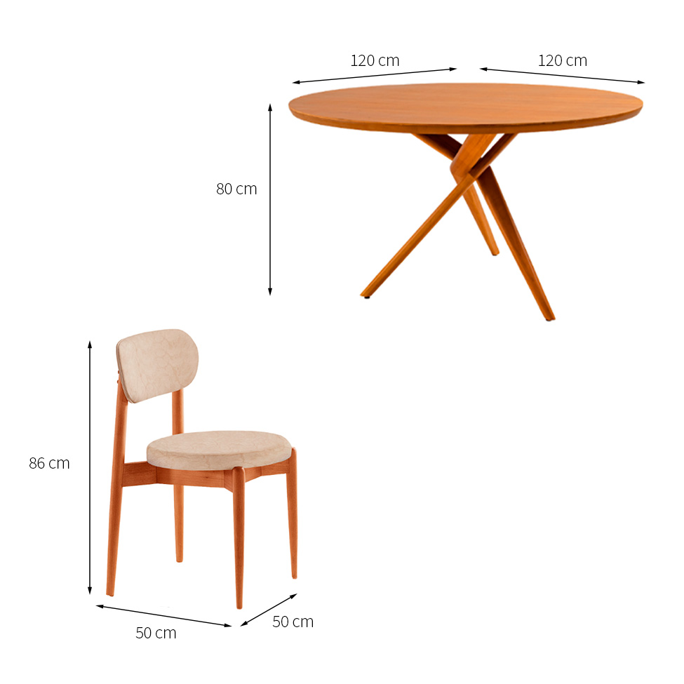Conjunto de Mesa Redonda com Tampo em Madeira Miami e 4 Cadeiras Miami Soft Tecido Sintético Milano e Cinamomo