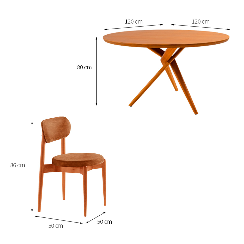 Conjunto de Mesa Redonda com Tampo em Madeira Miami e 4 Cadeiras Miami Soft Tecido Sintético Puce e Cinamomo