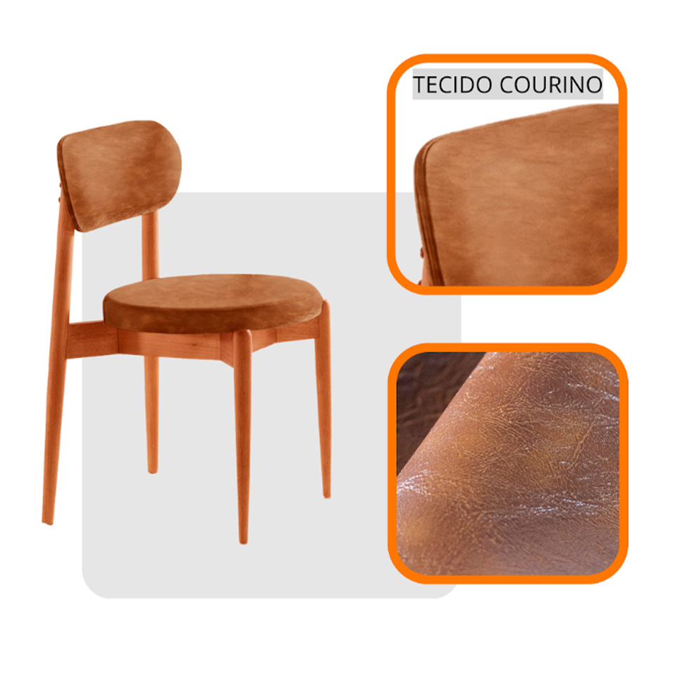 Conjunto de Mesa Redonda com Tampo em Madeira Miami e 4 Cadeiras Miami Soft Tecido Sintético Puce e Cinamomo