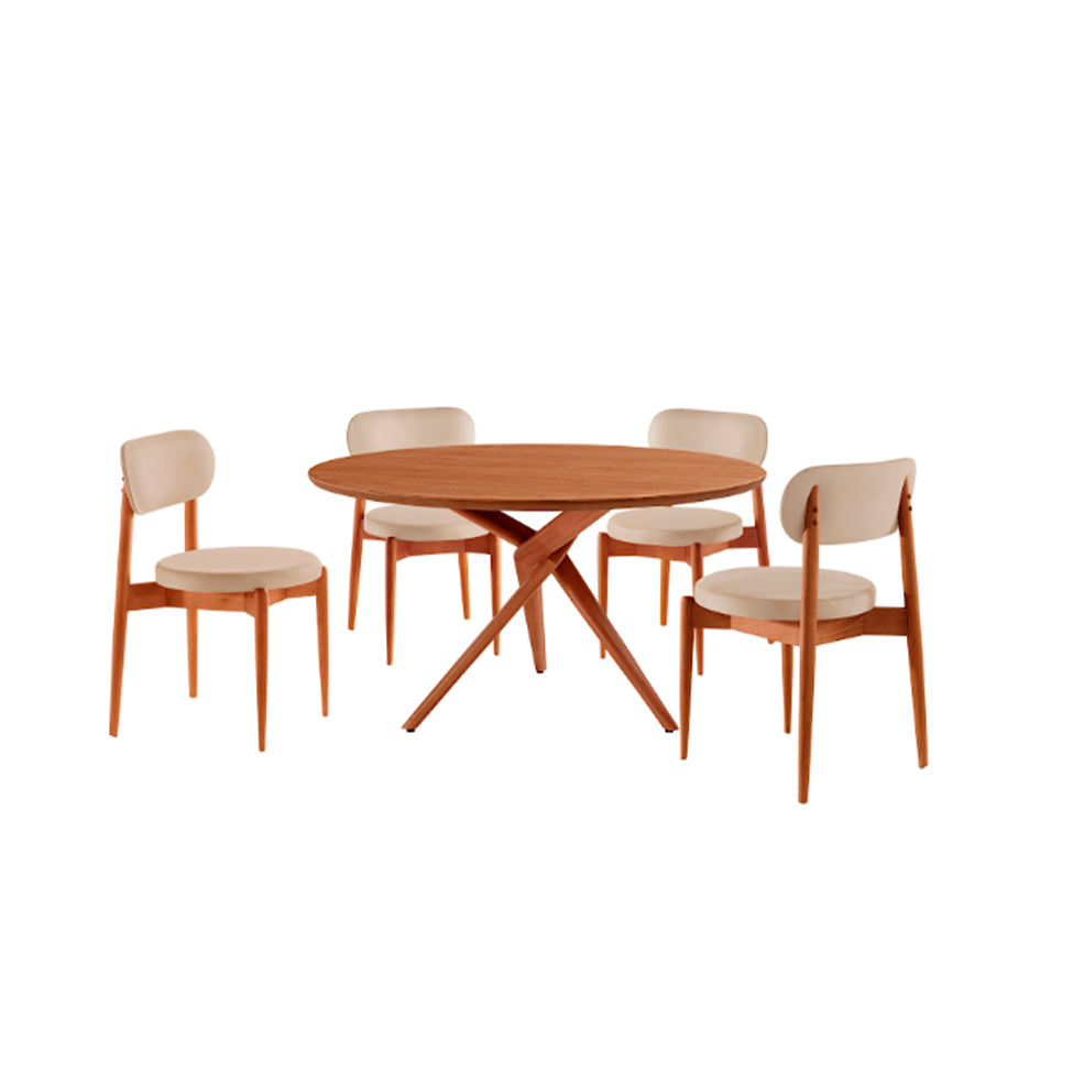 Conjunto de Mesa Redonda com Tampo em Madeira Miami e 4 Cadeiras Miami Soft Veludo Bege e Cinamomo