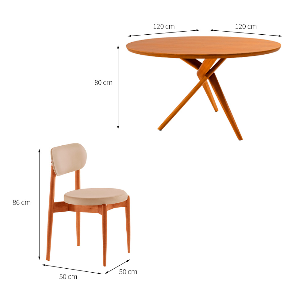 Conjunto de Mesa Redonda com Tampo em Madeira Miami e 4 Cadeiras Miami Soft Veludo Bege e Cinamomo