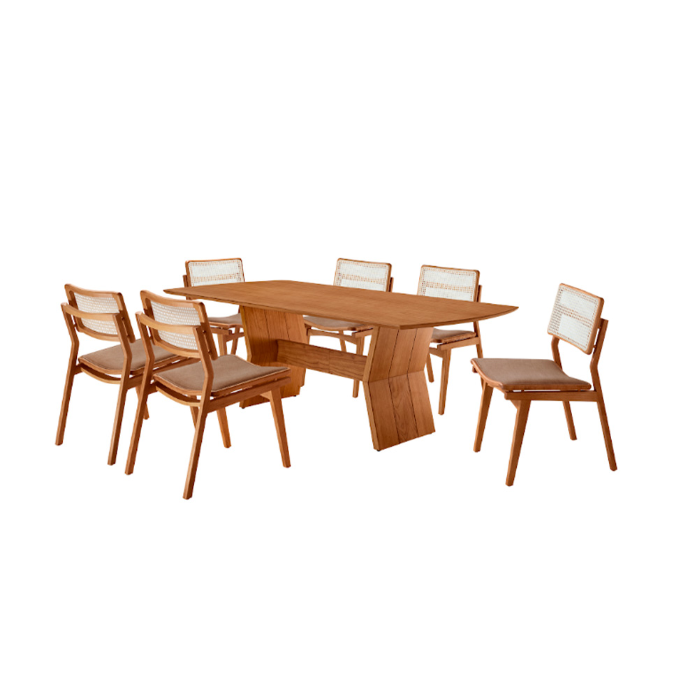Conjunto de Mesa Retangular com Tampo Laminado Alana e 6 Cadeiras Lea Premium Linho Atacama e Imbuia