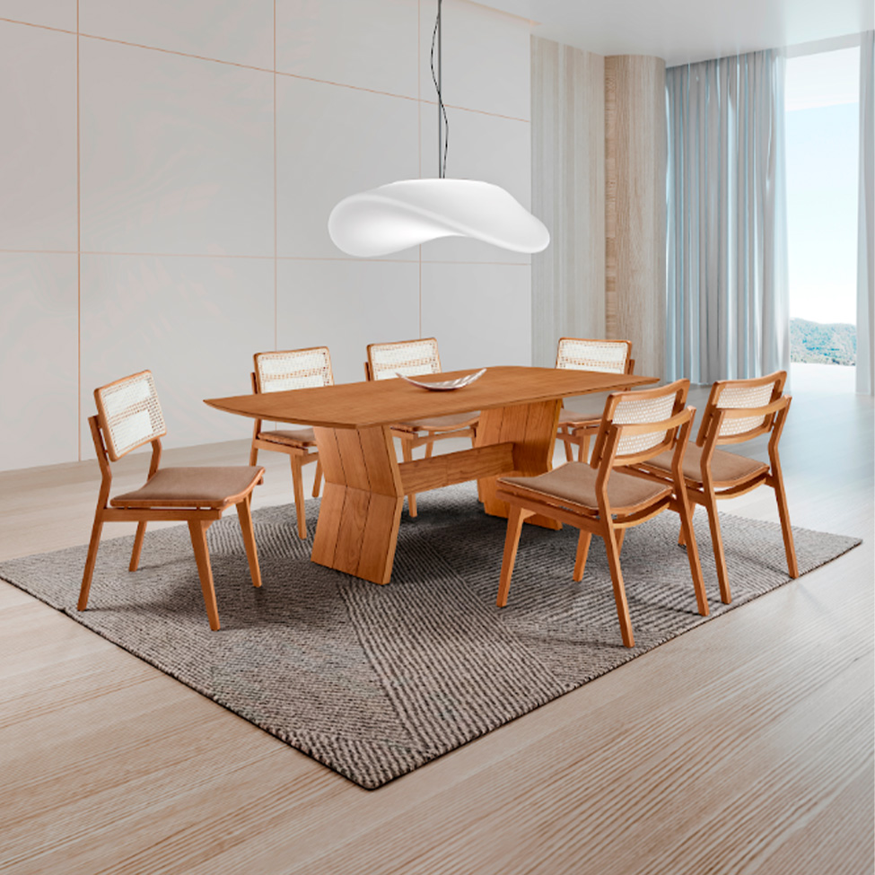 Conjunto de Mesa Retangular com Tampo Laminado Alana e 6 Cadeiras Lea Premium Linho Atacama e Imbuia