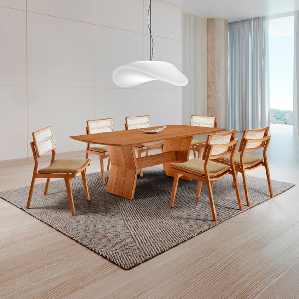 Conjunto de Mesa Retangular com Tampo Laminado Alana e 6 Cadeiras Lea Premium Linho Âmbar e Imbuia