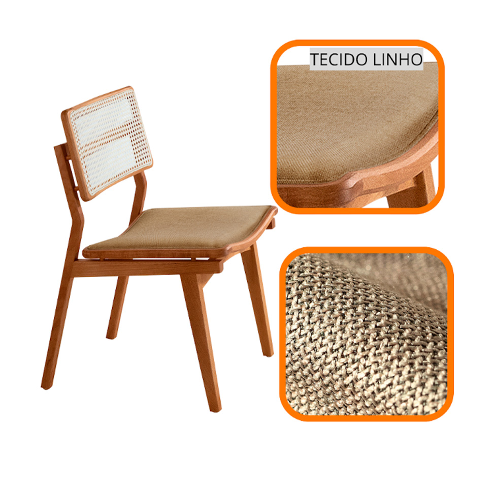 Conjunto de Mesa Retangular com Tampo Laminado Alana e 6 Cadeiras Lea Premium Linho Âmbar e Imbuia
