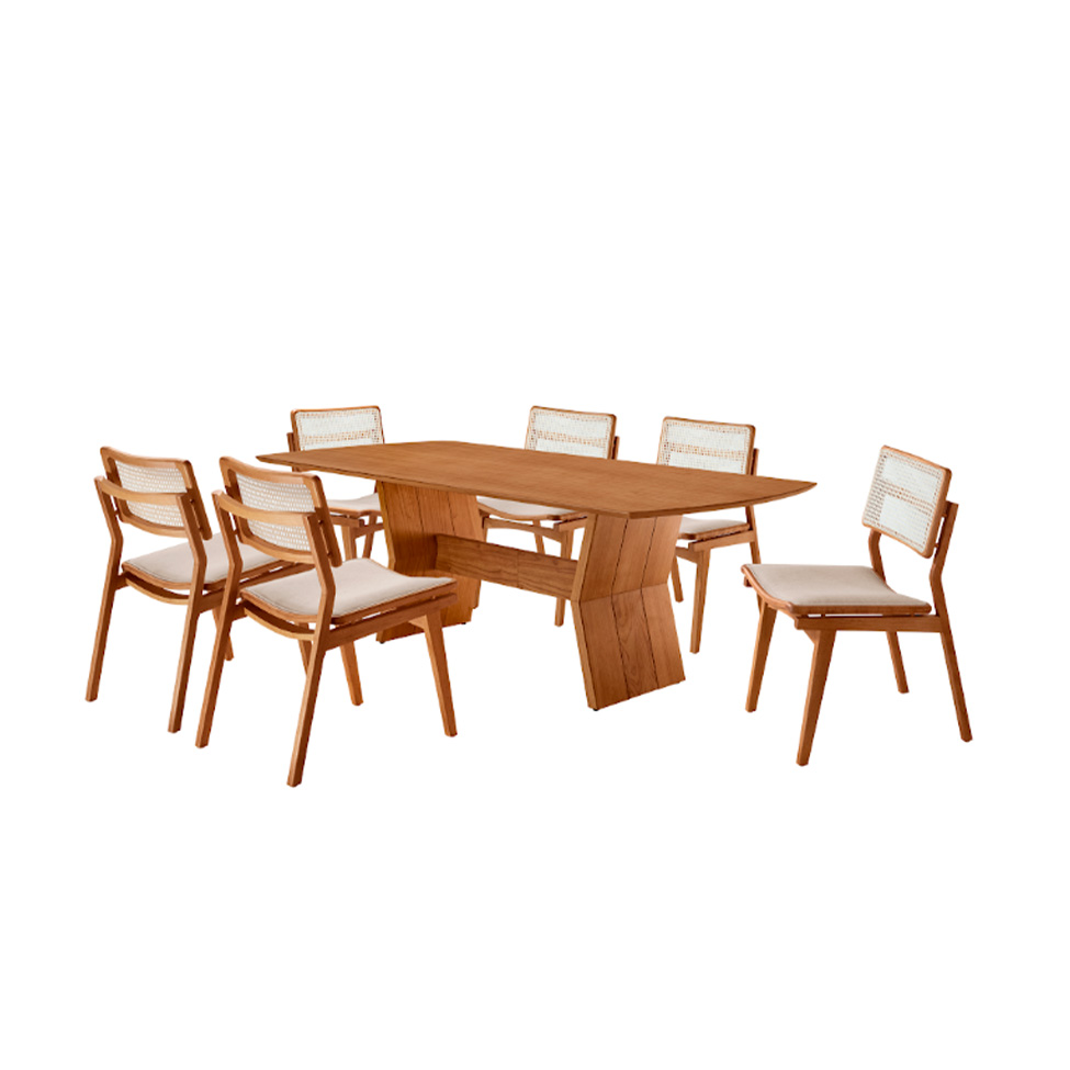 Conjunto de Mesa Retangular com Tampo Laminado Alana e 6 Cadeiras Lea Premium Linho Off White e Imbuia