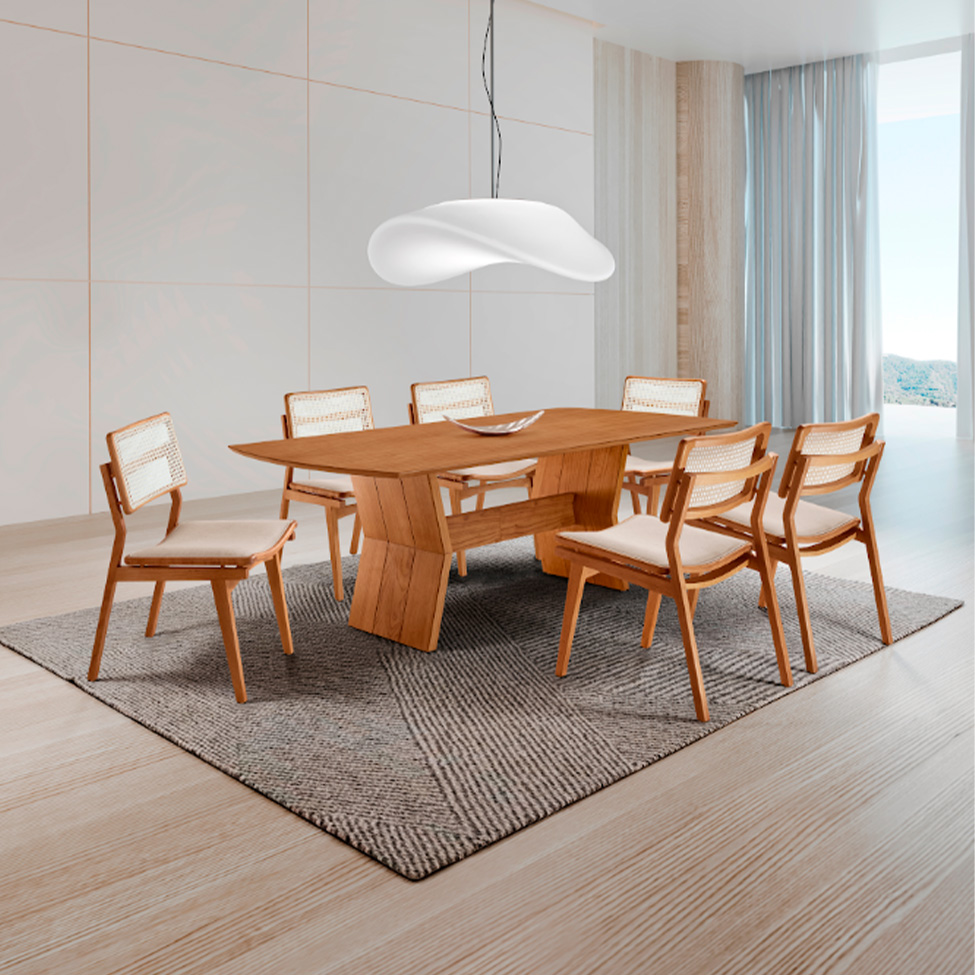 Conjunto de Mesa Retangular com Tampo Laminado Alana e 6 Cadeiras Lea Premium Linho Off White e Imbuia