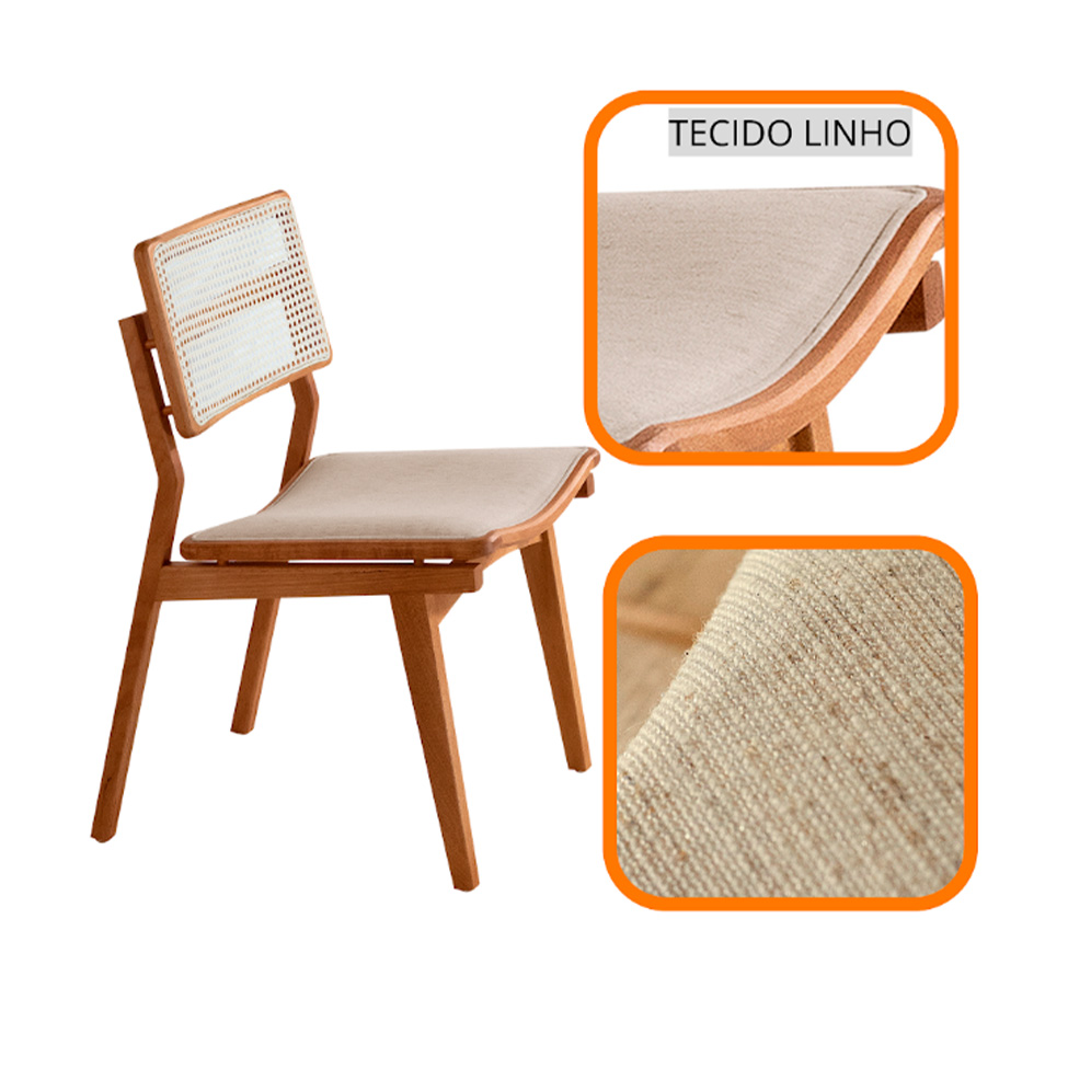 Conjunto de Mesa Retangular com Tampo Laminado Alana e 6 Cadeiras Lea Premium Linho Off White e Imbuia