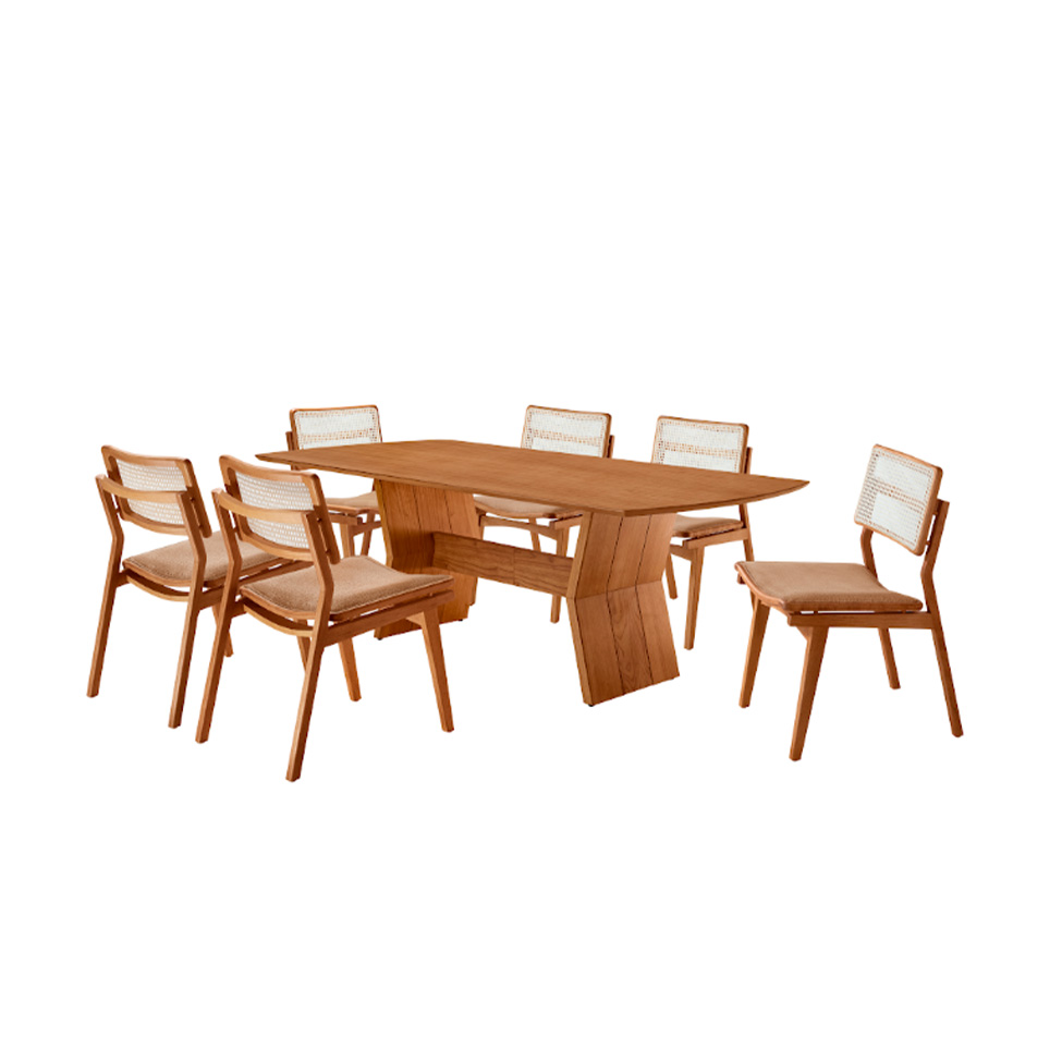 Conjunto de Mesa Retangular com Tampo Laminado Alana e 6 Cadeiras Lea Premium Linho Palha e Imbuia