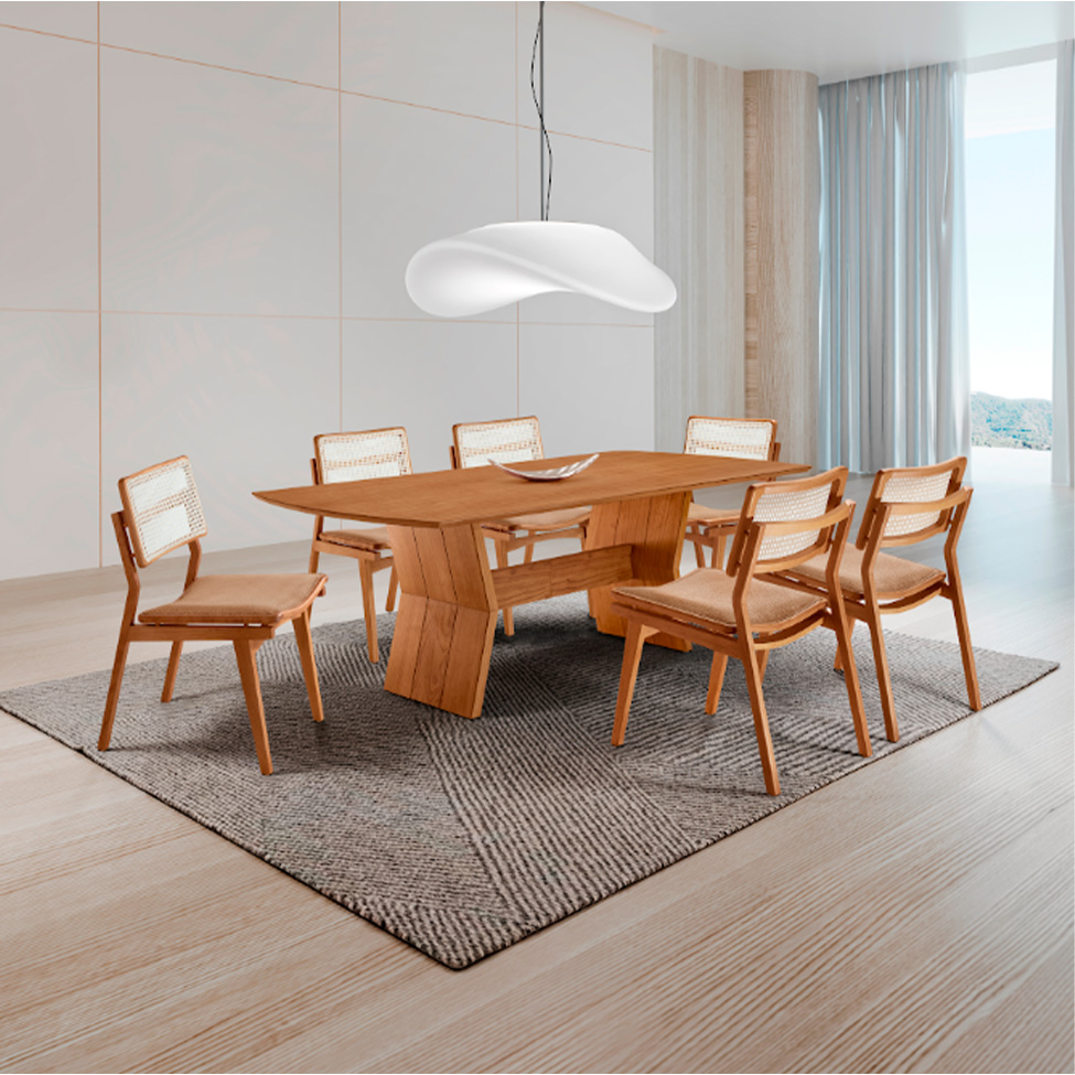 Conjunto de Mesa Retangular com Tampo Laminado Alana e 6 Cadeiras Lea Premium Linho Palha e Imbuia